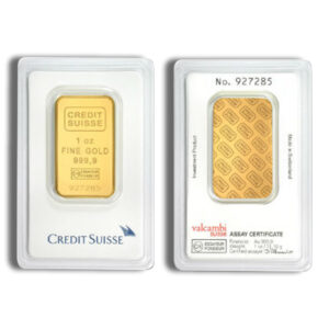 1-ounce Credit Suisse gold bar in assay certificate, featuring high purity of 999.9 fine gold, with serial number 927285, made in Switzerland.