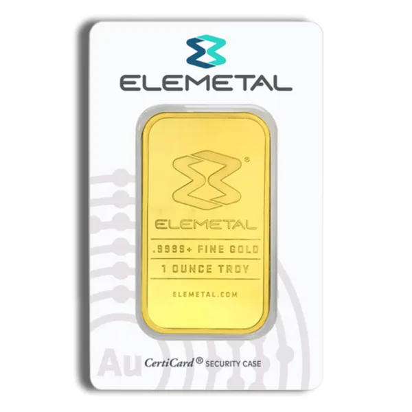 Gold bullion bar from Elematal, featuring a sleek design and certification details on the packaging, highlighting its authenticity and value as an investment.