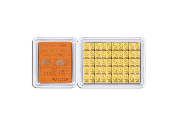 Image of a sealed container holding 50 grams of gold bars, each weighing 1 gram, with an orange label displaying weight and certification details. The container features a transparent cover revealing neatly arranged gold bars, showcasing their shiny surfaces and distinct markings.