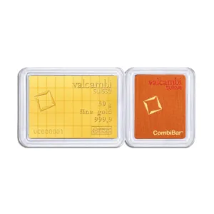 50g Valcambi CombiBar gold bar featuring fine gold 999.9 purity, encased in protective packaging, ideal for investment and collection.