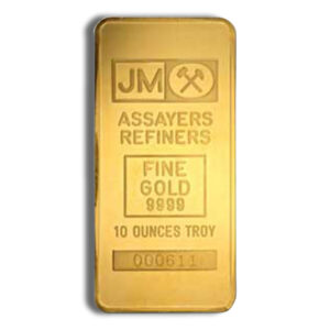 Gold bullion bar weighing 10 ounces, marked with JM Assayers Refiners logo, indicating fine gold purity of 9999.