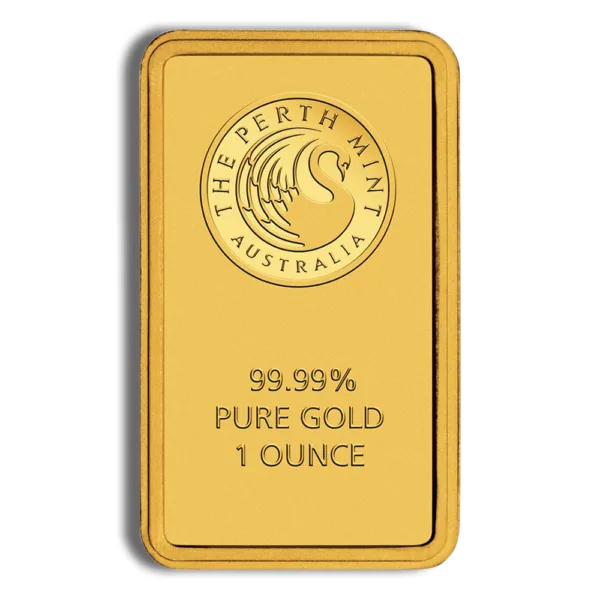 1-ounce gold bar from the Perth Mint, featuring a swan logo and inscriptions indicating 99.99% purity.