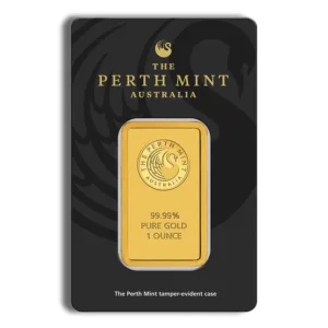 One ounce gold bar from the Perth Mint, featuring a purity of 99.99% and presented in a tamper-evident case. Ideal for collectors and investors in precious metals.