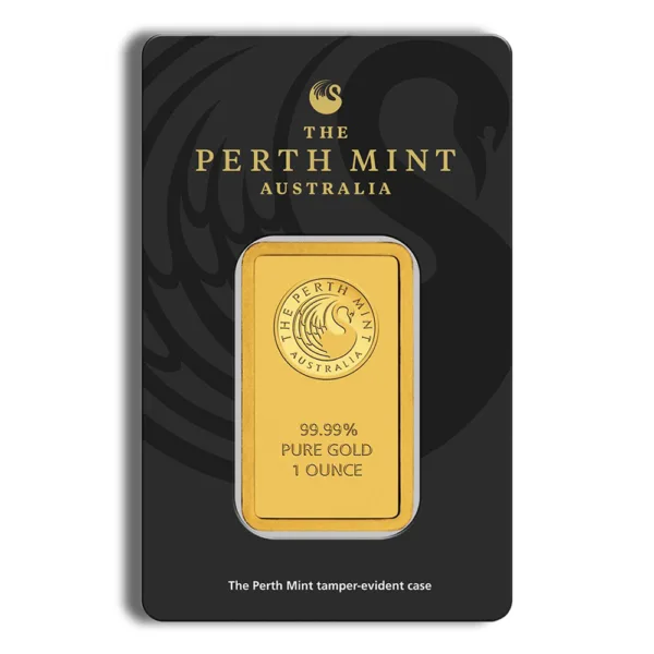 One ounce gold bar from the Perth Mint, featuring a purity of 99.99% and presented in a tamper-evident case. Ideal for collectors and investors in precious metals.