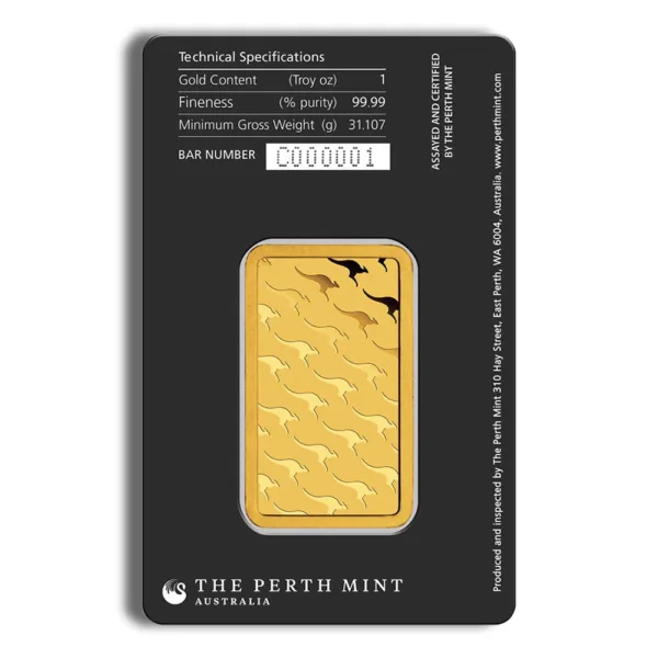 Gold bar from The Perth Mint, weighing 1 Troy ounce with 99.99% purity, featuring kangaroo designs and a unique bar number.