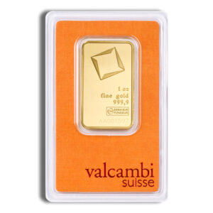 Gold bullion bar from Valcambi Suisse, featuring 1 oz of fine gold (999.9 purity) in a protective plastic case with an orange background.