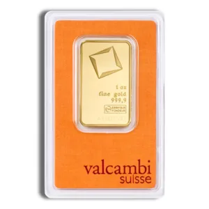 Gold bullion bar from Valcambi Suisse, featuring a rectangular shape and secured in a protective orange packaging. Ideal for investment and collection purposes.