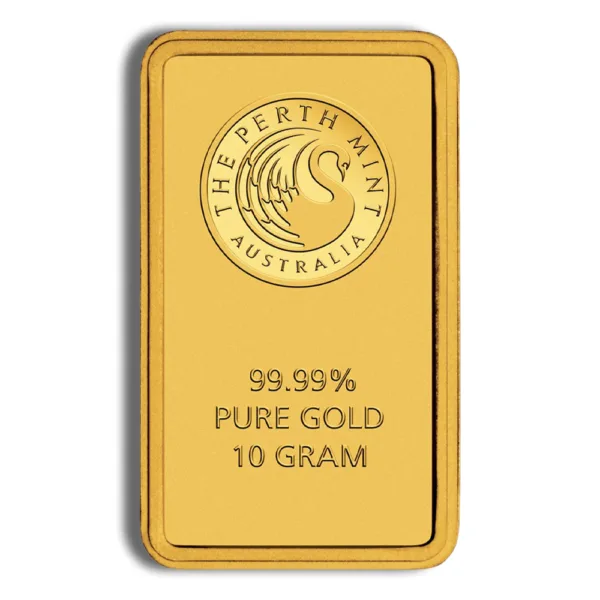 10-gram pure gold bar from the Perth Mint, featuring a high purity of 99.99% and the mint's logo. Ideal for investment and collectors.