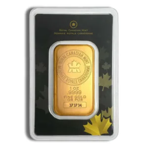 1 oz gold bar from the Royal Canadian Mint, featuring a high purity of 9999 fine gold, displayed in protective packaging with a black and gold design.