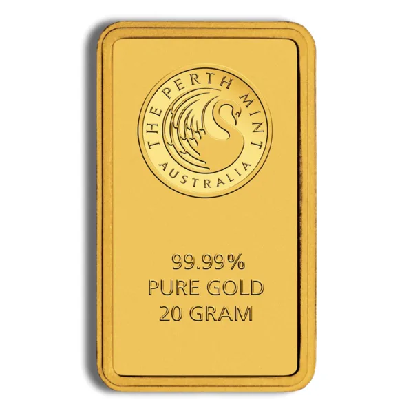 20-gram gold bar from the Perth Mint, featuring a purity of 99.99% and embossed logo, ideal for investment and collection.
