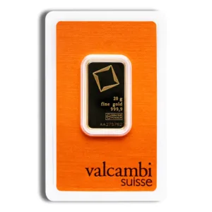 Valcambi Suisse gold bar in assay card packaging, featuring a sleek design with a gold bar and company branding. Ideal for investors and collectors.