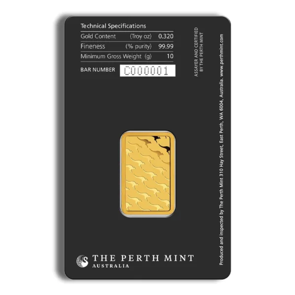Gold bullion bar from The Perth Mint, weighing 1 ounce, displayed on a black card with specifications and certification details.