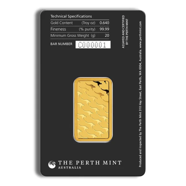 Gold bullion bar produced by The Perth Mint, featuring a gold content of 0.640 troy ounces, 99.99% purity, and a minimum gross weight of 20 grams. The design includes kangaroo motifs and is certified with a unique bar number.