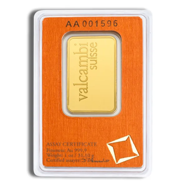 Valcambi Suisse gold bar in protective packaging, featuring a shiny gold surface with the Valcambi logo and serial number AA001596. Ideal for investment and collection.