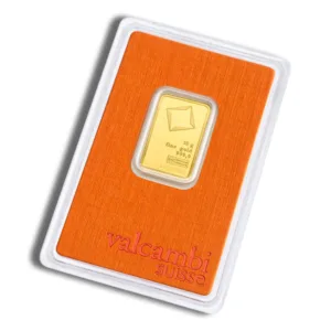 Gold bullion bar packaged in a bright orange credit card-style holder, featuring a secure display for investment purposes.