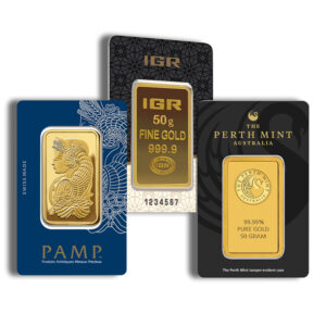 Three gold bullion bars from different mints, featuring designs from PAMP, IGR, and The Perth Mint. The bars highlight various specifications, including 50 grams of fine gold with a purity of 999.9, displayed in distinctive packaging.
