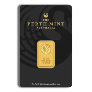 Gold bullion bar from The Perth Mint, Australia, featuring a detailed design and certification information on a sleek black background.
