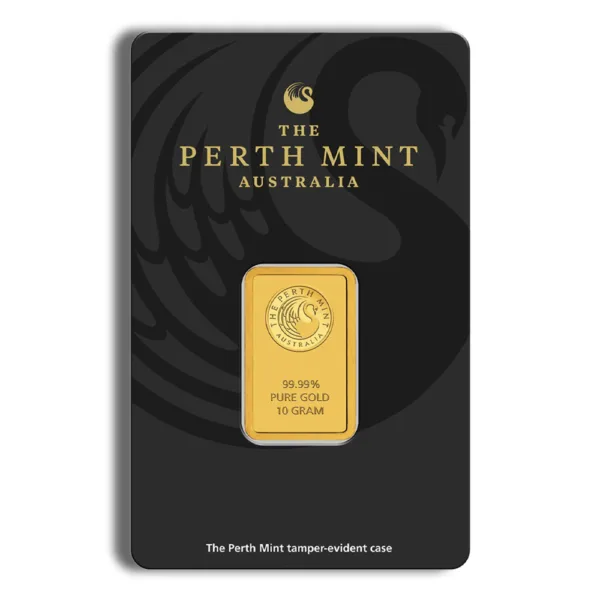 Gold bullion bar from The Perth Mint, Australia, featuring a detailed design and certification information on a sleek black background.