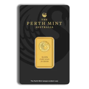 20-gram gold bar from The Perth Mint, Australia, featuring 99.99% pure gold in a tamper-evident case with a sleek black background.