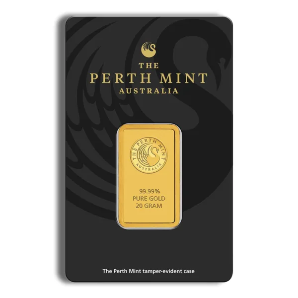 20-gram gold bar from The Perth Mint, Australia, featuring 99.99% pure gold in a tamper-evident case with a sleek black background.