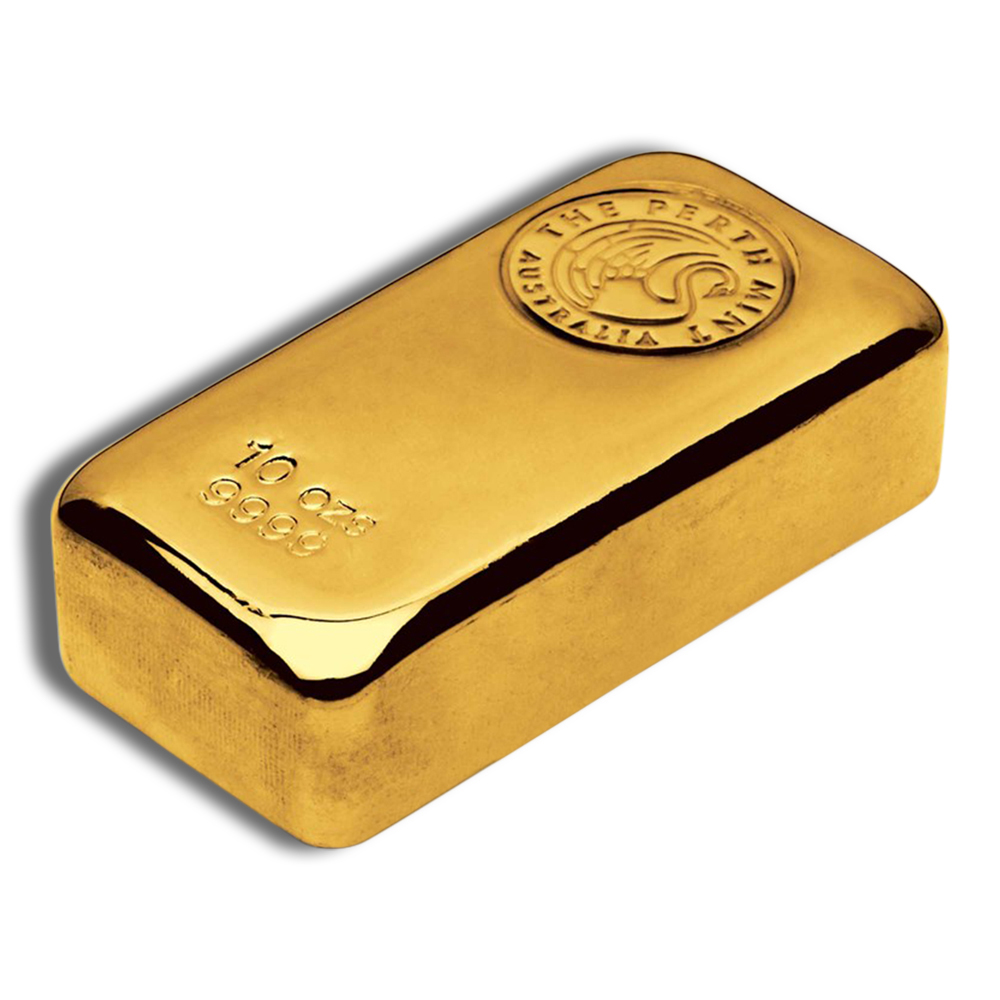 10 oz gold bar from the Perth Mint, featuring a polished surface and detailed engravings, representing high purity with a 999.9 fineness. Ideal for investment and collectors.