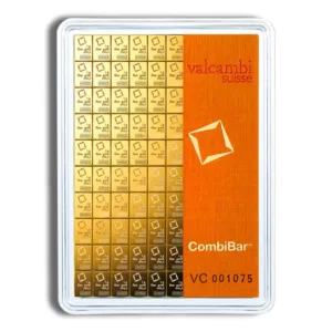 Gold bullion CombiBar in a protective case, featuring multiple small gold bars for easy division, ideal for investment and collection.