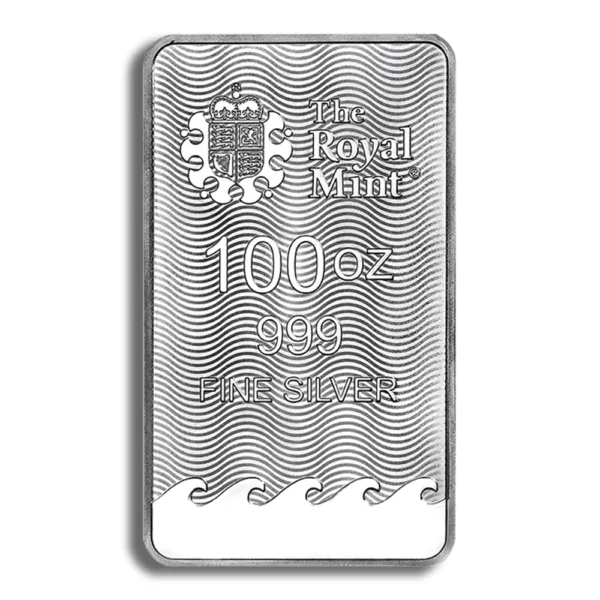 100 oz silver bullion bar from the Royal Mint, featuring intricate wave design and embossed logo. Ideal for investment and collectors.