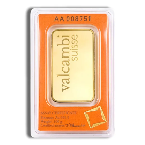 Gold bullion bar from Valcambi Suisse, securely packaged in a protective plastic case, featuring the brand name and unique serial number. Ideal for investment and collectors.