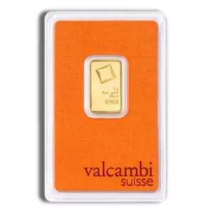 Valcambi Suisse gold bar in protective packaging, featuring the brand logo and a sleek design, ideal for investment and collection purposes.