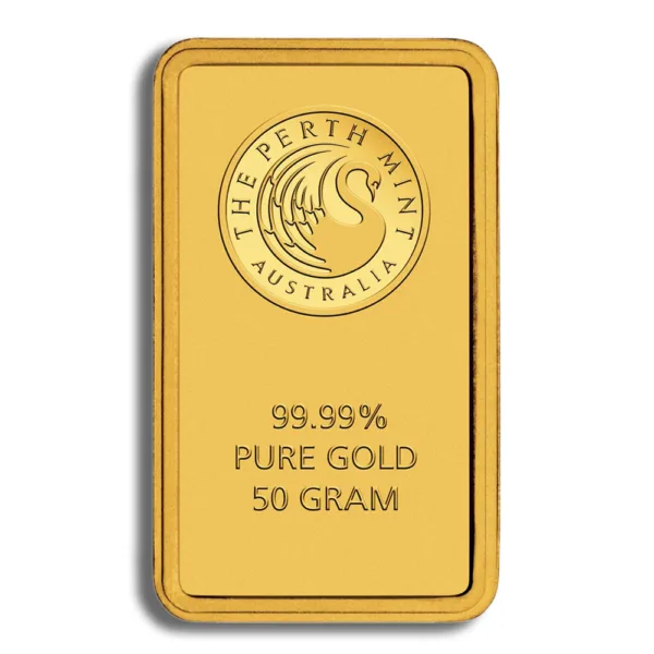 50-gram gold bar from The Perth Mint, featuring 99.99% pure gold and official minting insignia.