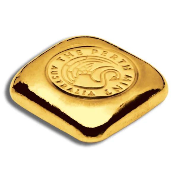 Gold bullion bar with a square shape and embossed design, representing investment in precious metals.