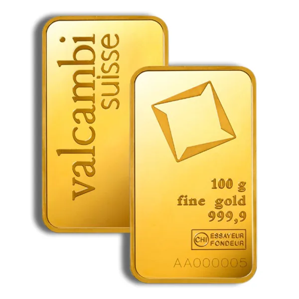 Two gold bars from Valcambi Suisse, each weighing 100 grams, marked as fine gold with a purity of 999.9. Ideal for investment and collection.