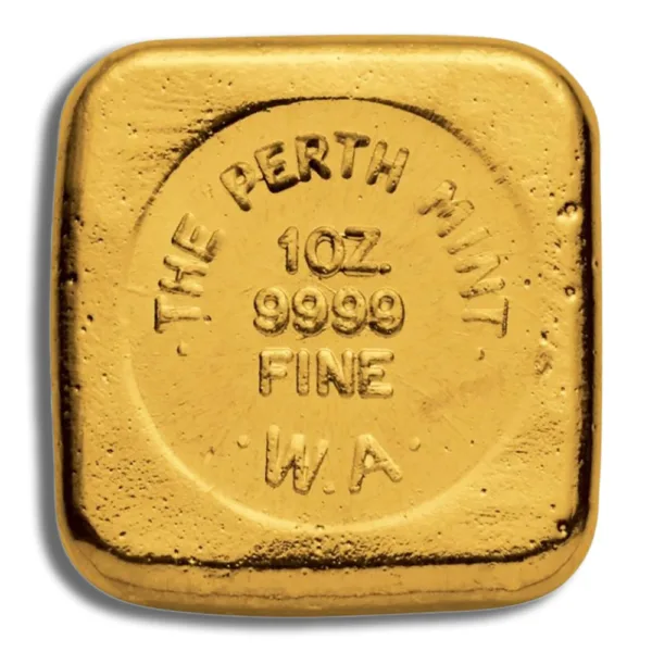 Perth Mint 1 oz gold bullion bar featuring the inscription "9999 fine" and "W.A." on a square-shaped gold ingot.