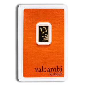 Gold bar weighing 2.5 grams, 999.9 fine gold, packaged in a Valcambi Suisse branded card with an orange background.