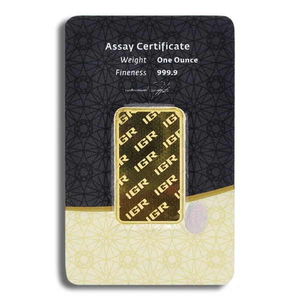 Gold bullion bar with assay certificate, featuring a detailed design and authenticity information, ideal for investors and collectors.