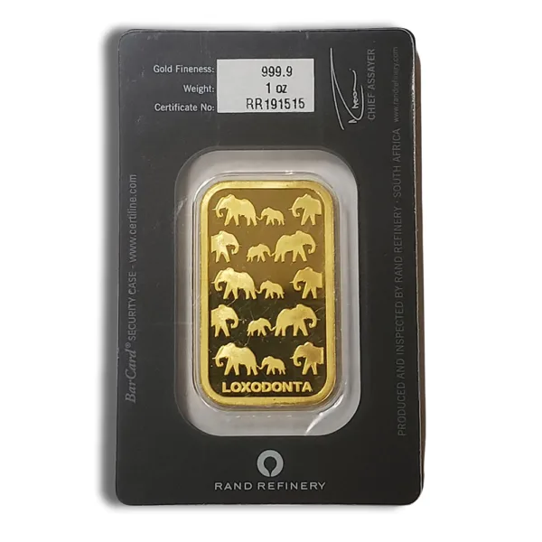 Gold bullion bar featuring elephant designs, weighing 1 gram, packaged in a protective holder with authenticity label. Ideal for collectors and investors in precious metals.