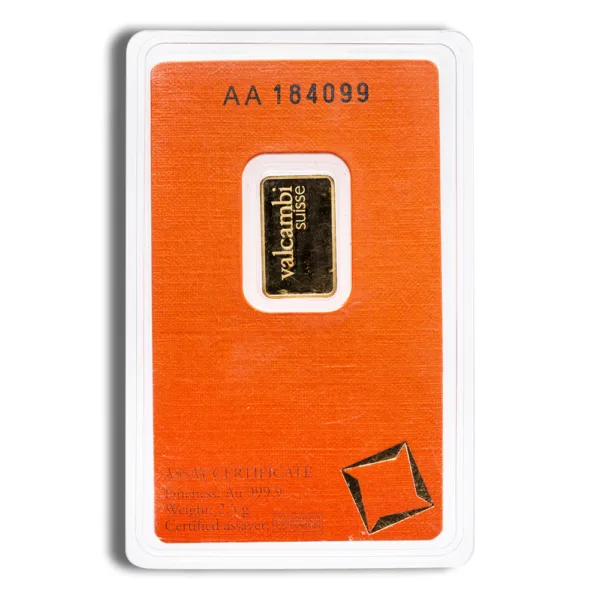 Gold bullion bar in an orange assay card, featuring a serial number and certification details, highlighting its authenticity and weight.