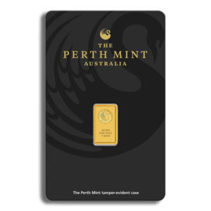 Perth Mint gold bar in tamper-evident packaging, featuring 1 gram of 99.99% pure gold, with branding from The Perth Mint, Australia.