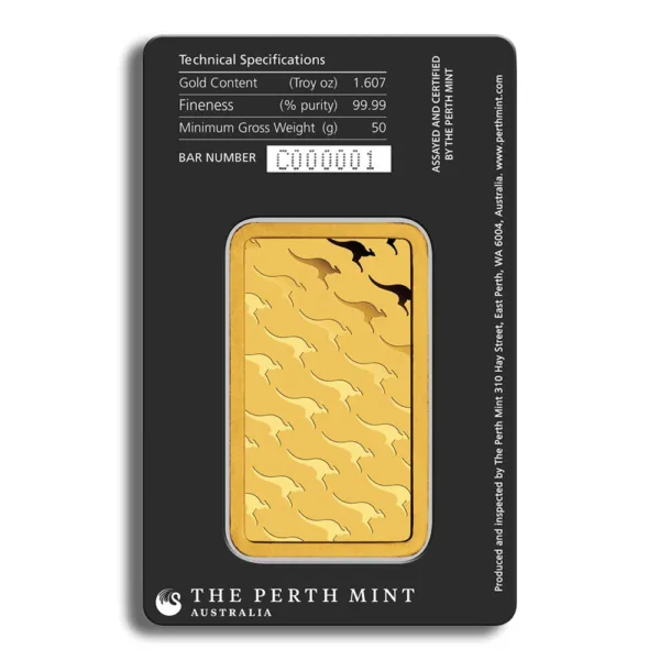 Gold bullion bar from The Perth Mint featuring a kangaroo design, presented on a black card with specifications and serial number.