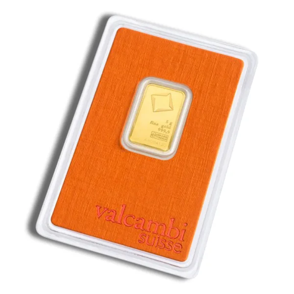 Gold bullion card featuring a small gold bar on an orange background, ideal for investment and collection purposes.