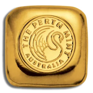 Perth Mint gold bar featuring the iconic swan logo, symbolizing quality and craftsmanship in precious metal products.