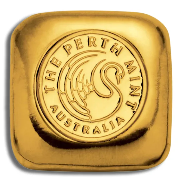 Perth Mint gold bar featuring the iconic swan logo, symbolizing quality and craftsmanship in precious metal products.