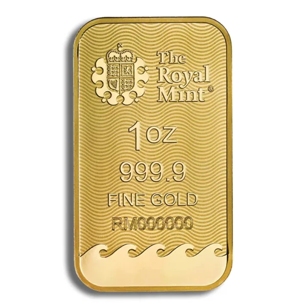 1-ounce gold bar from The Royal Mint, featuring 999.9 fine gold purity, ideal for investment and collection.