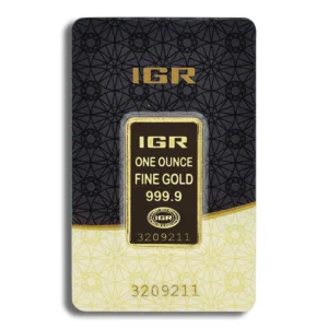 IGR one ounce fine gold bar with a purity of 999.9, featuring a sleek design and serial number 3209211.
