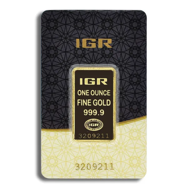 IGR one ounce fine gold bar with a purity of 999.9, featuring a sleek design and serial number 3209211.
