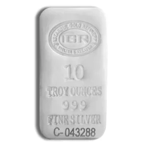 10 troy ounce fine silver bar from Istanbul Gold Refinery, featuring a purity of 999 and a unique serial number C-043288. Ideal for investors and collectors seeking high-quality silver bullion.