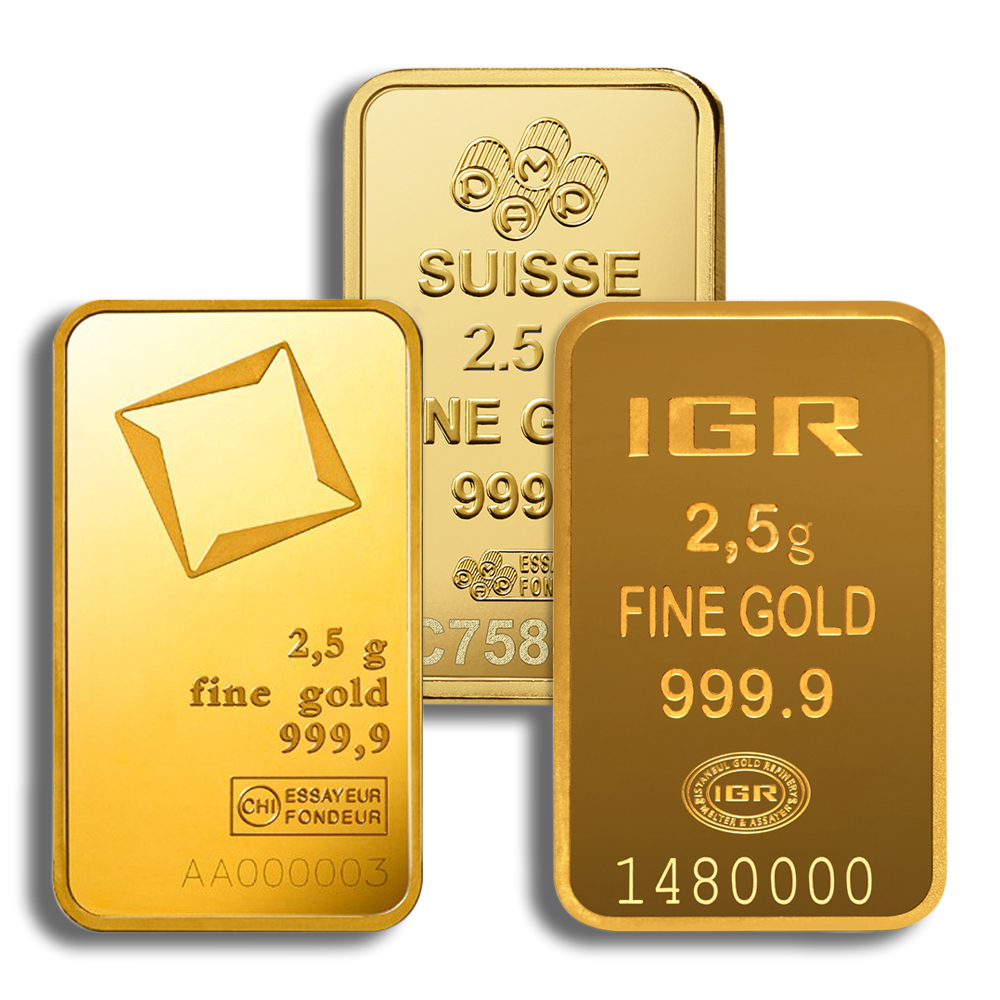 Three gold bars weighing 2.5 grams each, featuring different designs and purities marked as 999.9 fine gold. The bars include a Suisse bar with a geometric design, an IGR bar, and another with a unique engraving, showcasing their investment value and quality.