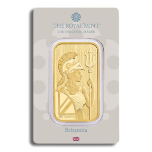 Gold Britannia bar from The Royal Mint, featuring an intricate design of Britannia holding a trident and shield, presented in a protective case with branding and British flag. Ideal for collectors and investors in precious metals.