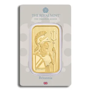 Gold Britannia bar from The Royal Mint, featuring a detailed depiction of the Britannia figure holding a trident and shield, presented in a protective casing with branding.