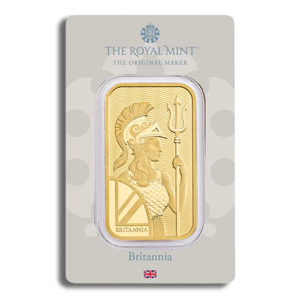 Gold Britannia bar from The Royal Mint, featuring a detailed depiction of the Britannia figure holding a trident and shield, presented in a protective casing with branding.